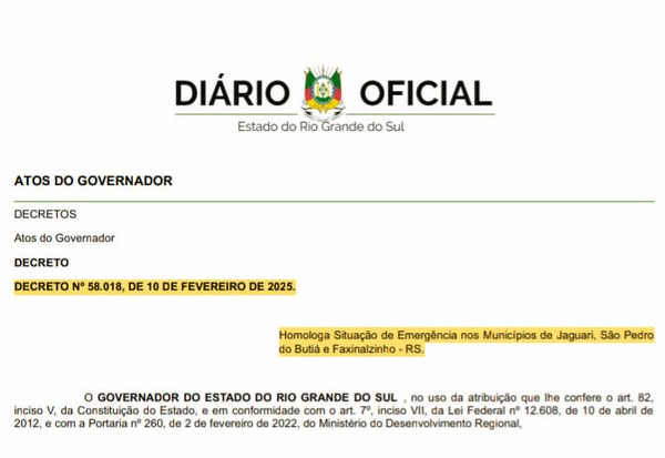GOVERNO DO ESTADO HOMOLOGA DECRETO DE EMERGÊNCIA EM JAGUARI