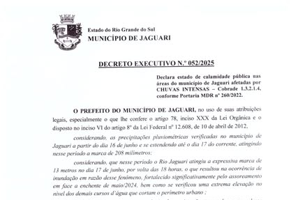 JAGUARI DECRETA ESTADO DE CALAMIDADE PÚBLICA DEVIDO ÀS CHEIAS